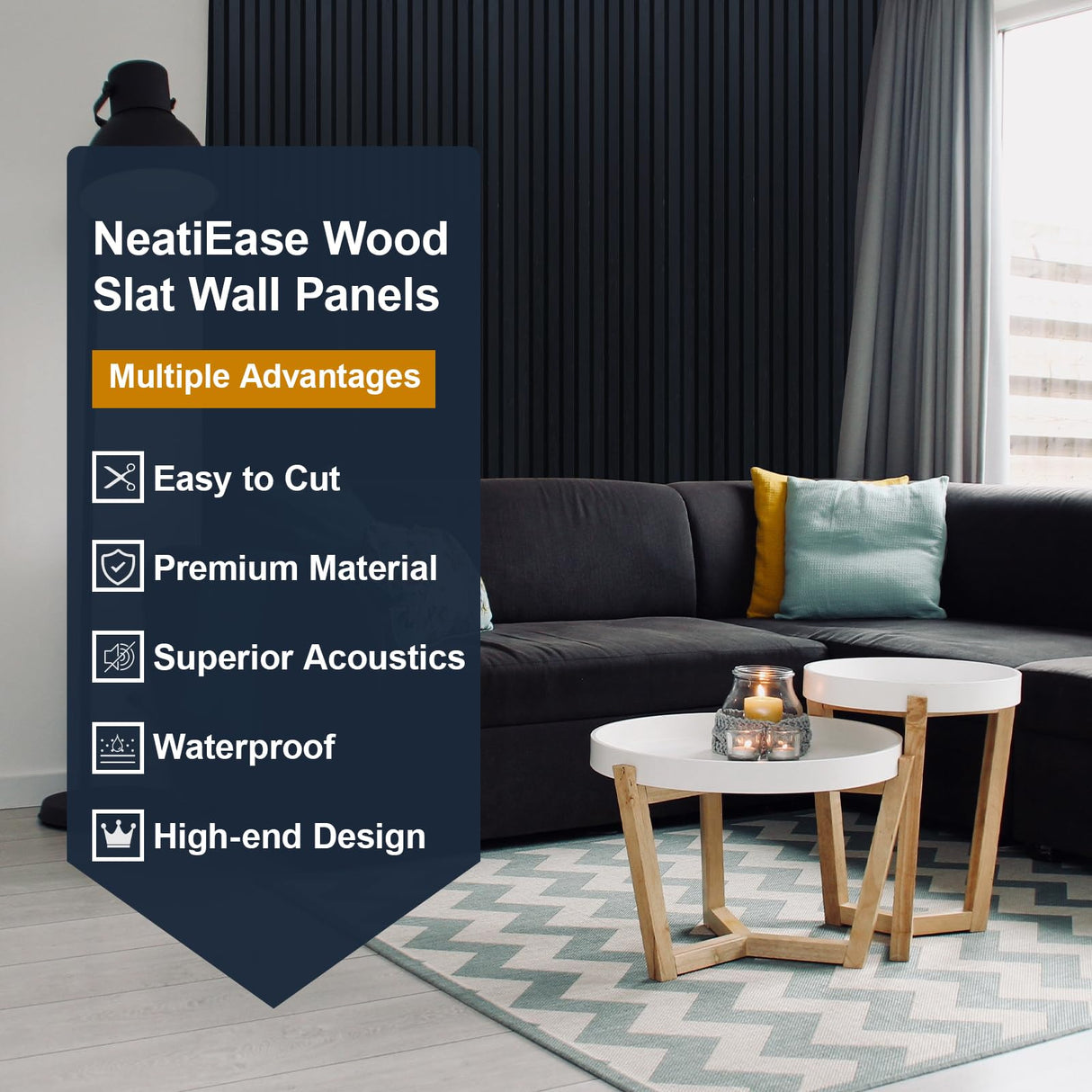 NeatiEase Wood Slat Wall Panels, 4-Piece 96" x 12.6", Soundproof & Noise Cancelling, Acoustic Wall Panels (Black) NeatiEase