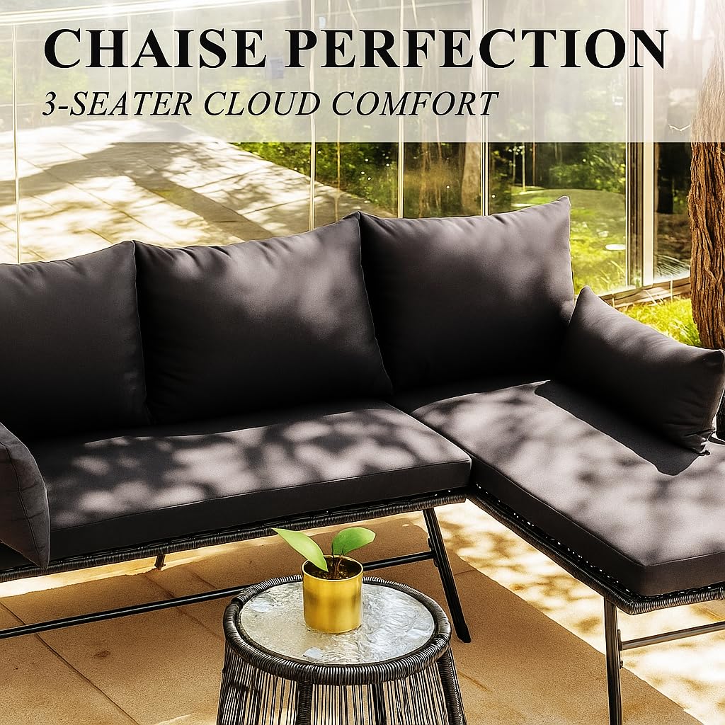 Bezseller 3-Piece Outdoor Patio Furniture Set, L-Shaped Rattan Sectional Sofa with Thick Cushions, Glass Coffee Table – All-Weather Conversation Set for Backyard, Porch, Poolside Bezseller