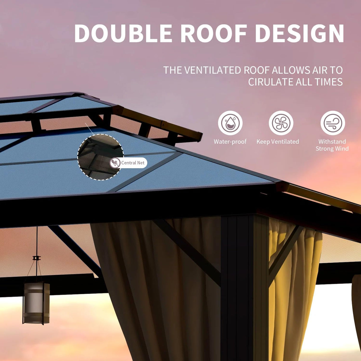 Jolydale Hardtop Gazebo, 10FTx12FT Polycarbonate Double Top Canopy, Aluminum Frame Permanent Pavilion with Curtains and Netting, for Lawns, Patios, Gardens Jolydale