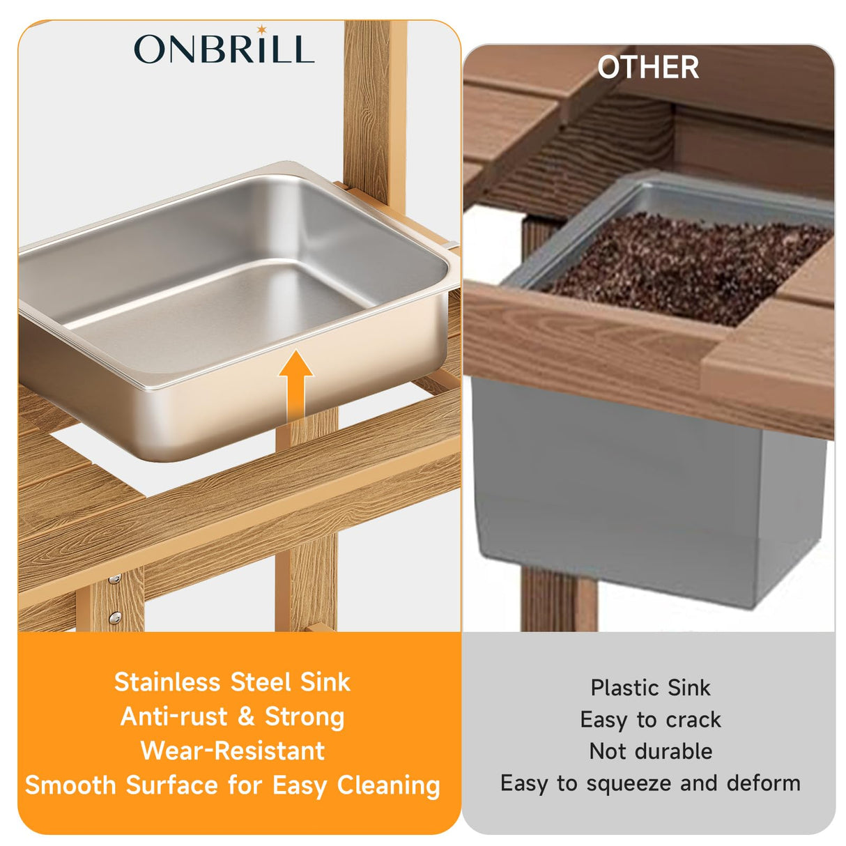ONBRILL Potting Bench, Outdoor Potting Bench Table with Removable Sink, HDPS Potting Benches for Outside, Garden Table with Storage Shelves & 4 Side Hooks, No Rot, No Fade, No Break, 360lbs Capacity ONBRILL