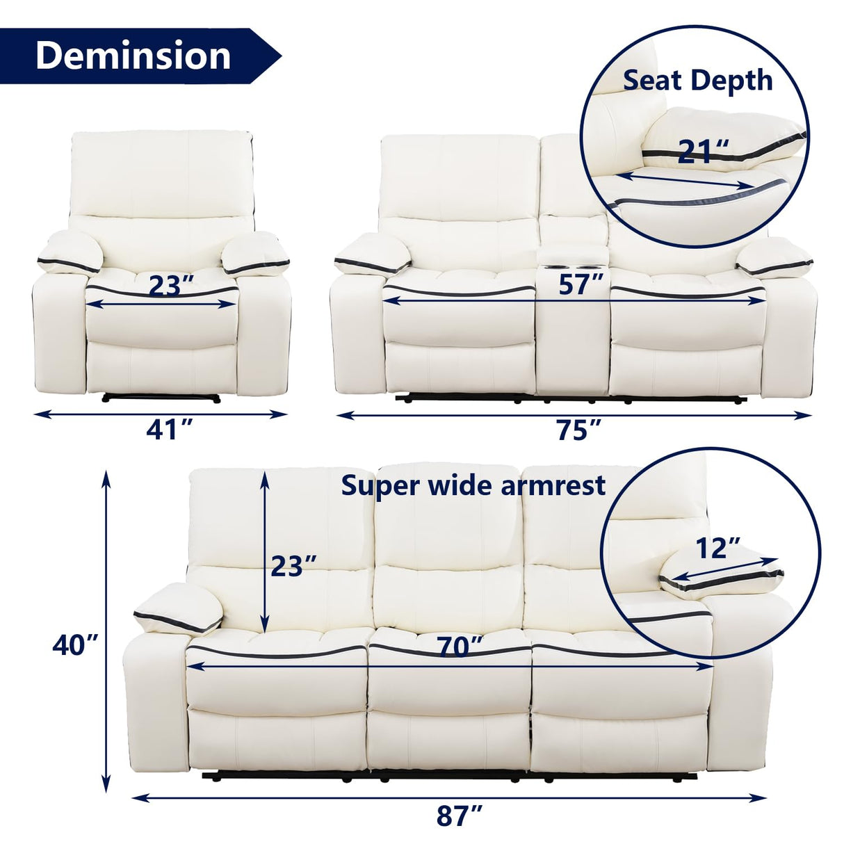 SIENWIEY Manual Recliner Sofa for Living Room,Faux Leather Double Reclining Couch for 3 Seats, Creamy White Leather Couch with Pull Down Coffee Table/Cup Holders(Sofa) SIENWIEY
