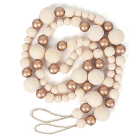 Christmas Wooden Bead Garland Xmas Wooden Tree Beads Rustic Decorative Christmas Tree Farmhouse Decor for Mantle Fireplace Staircase (Natural & Gold) RAMIRABI