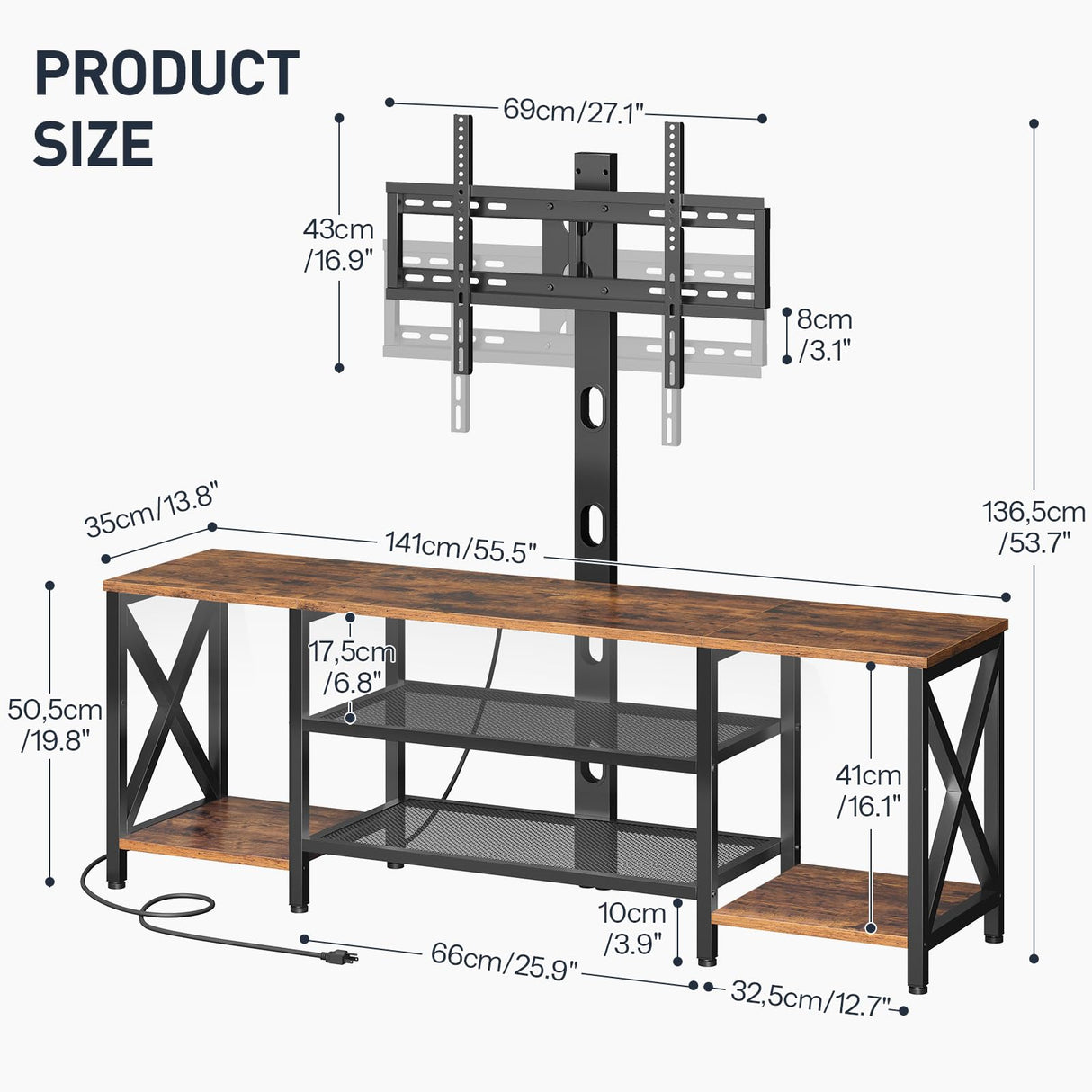 HOOBRO TV Stand with Mount and Power Outlet, LED Entertainment Center with Swivel Mount for 32/45/55/60/65/70/75 inch TVs, 3-Tier Storage Shelf for Living Room, Bedroom, Rustic Brown BF46UDDS01 HOOBRO