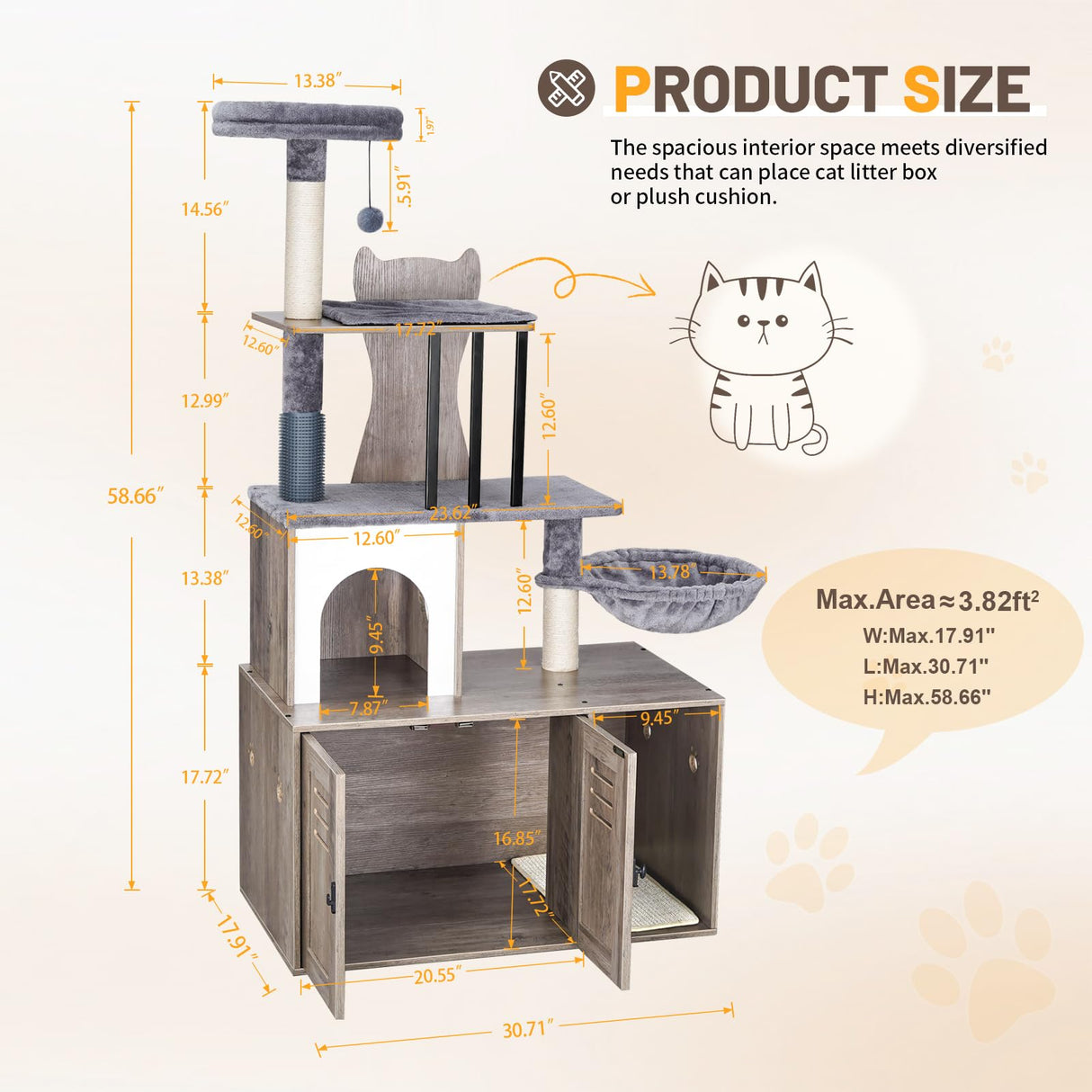 Snughome Cat Tree with Litter Box Enclosure Furniture, 2-in-1 Modern Cat Tower for Indoor Cats, 58.66’’ Wood Cat Condo with Scratching Post and Hammock, Indoor Cat Furniture with Large Platform, Grey Snughome