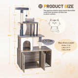 Snughome Cat Tree with Litter Box Enclosure Furniture, 2-in-1 Modern Cat Tower for Indoor Cats, 58.66’’ Wood Cat Condo with Scratching Post and Hammock, Indoor Cat Furniture with Large Platform, Grey Snughome