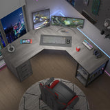 LVB Reversible Gray L Shaped Corner Desk with Storage, 60" Corner L-Shaped Computer Desk with File Cabinet Shelves, Wood Metal L Shape Home Office Work Study Writing Desk for Dual Monitor, Light Grey LVB