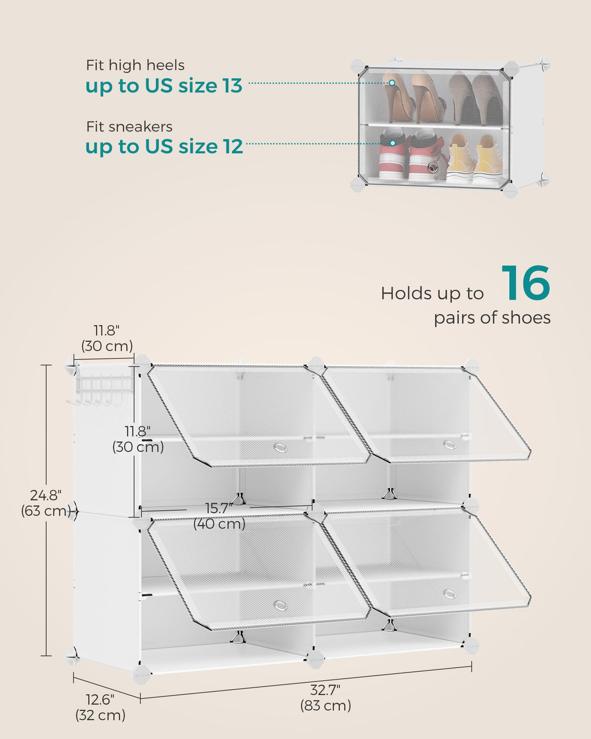 SONGMICS Shoe Rack Organizer, 4-Tier Shoe Storage Cabinet for Closet and Entryway, Holds 16 Pairs of Shoes, Adjustable, White ULPC032W01 SONGMICS