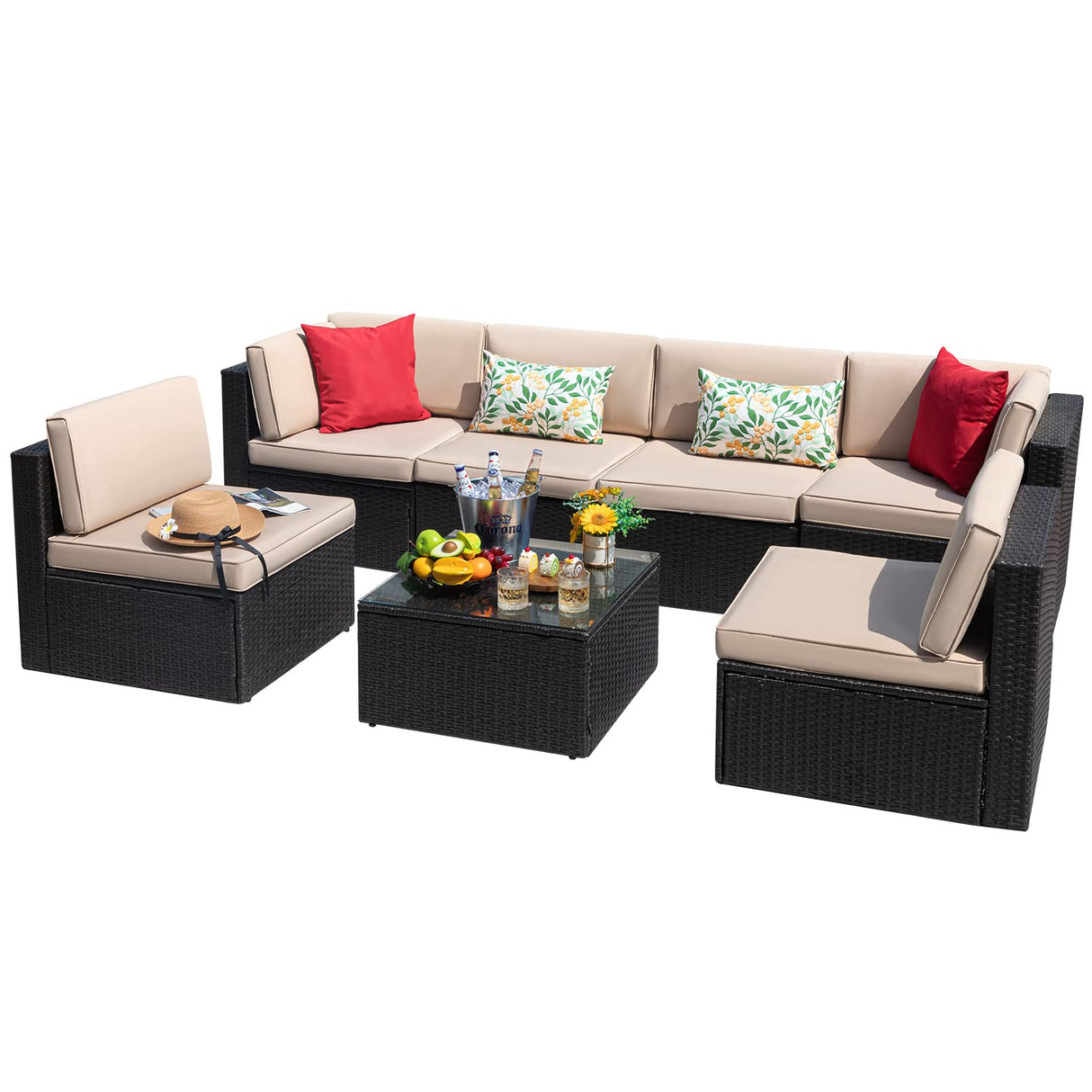 Devoko 7 Pieces Outdoor Sectional Sofa Patio Furniture Sets Manual Weaving Wicker Rattan Patio Conversation Sets with Cushion and Glass Table (Beige) Devoko