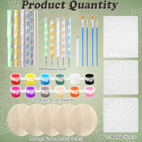 Potchen 10 Pcs Mandala Rock Painting Kit Mandala Dotting Tools Kit Wooden Rocks Dot Paint Stencils Tool Set for Adults Arts Drawing Home Decor Activity DIY Mothers Day Gift Potchen