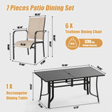 BUPPLEE 7-Piece Outdoor Patio Dining Set - 6 Stackable Texlin Sling Chairs & 63" Steel Table, Weatherproof Low-Maintenance Furniture for Backyard/Balcony/Poolside, Includes 1.57"-1.97" Umbrella Hole BUPPLEE