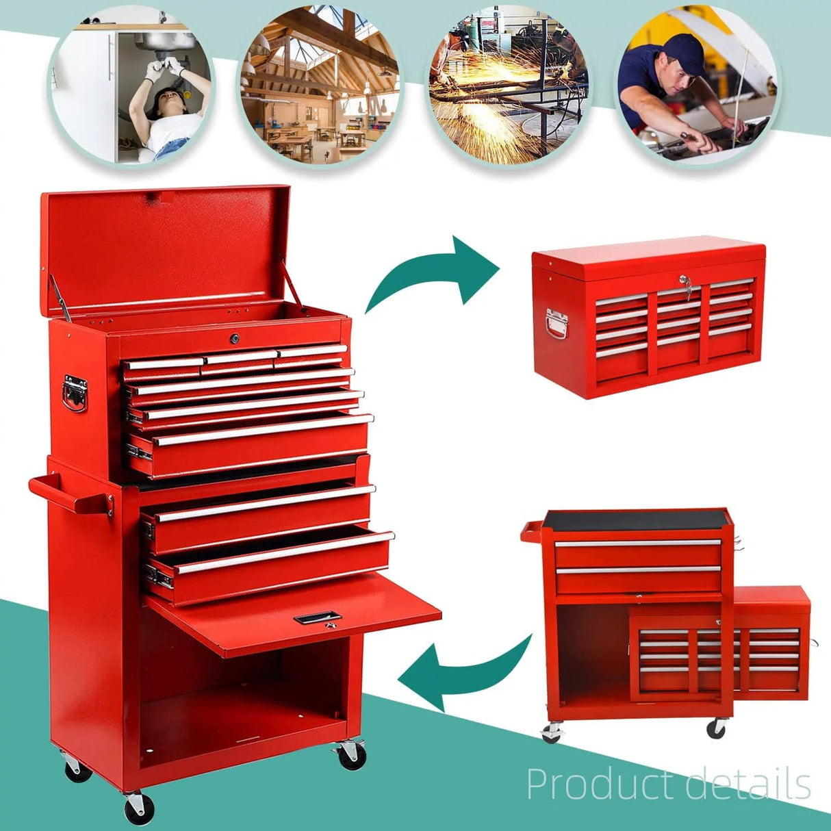 Clickoods Tool Chest Heavy Duty Rolling Tool Box with Cabinet 8-Drawer for Lockable & Removable Cabinet for Garage and Workshop - Red Clickoods
