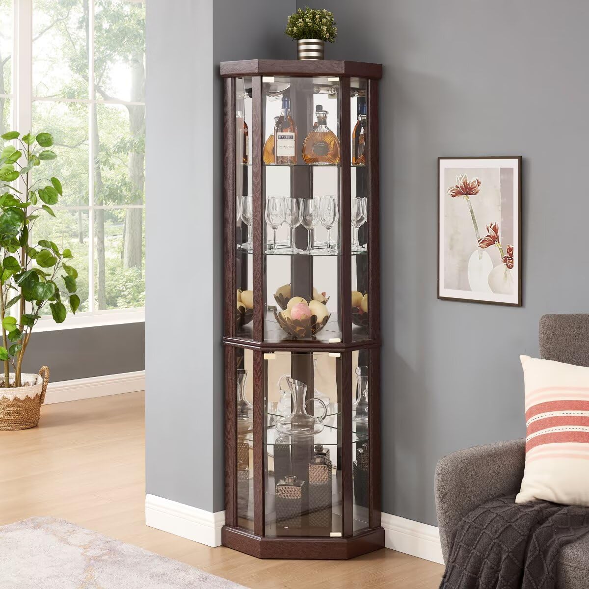 JIJIWANG 70" H Corner Glass Cabinet Lighted Curio Cabinet Corner Display Case for Living Room, Curio Cabinets, Antique Collection, Wine, Bar Glass Storage Light Included, (Dark Cherry) JIJIWANG