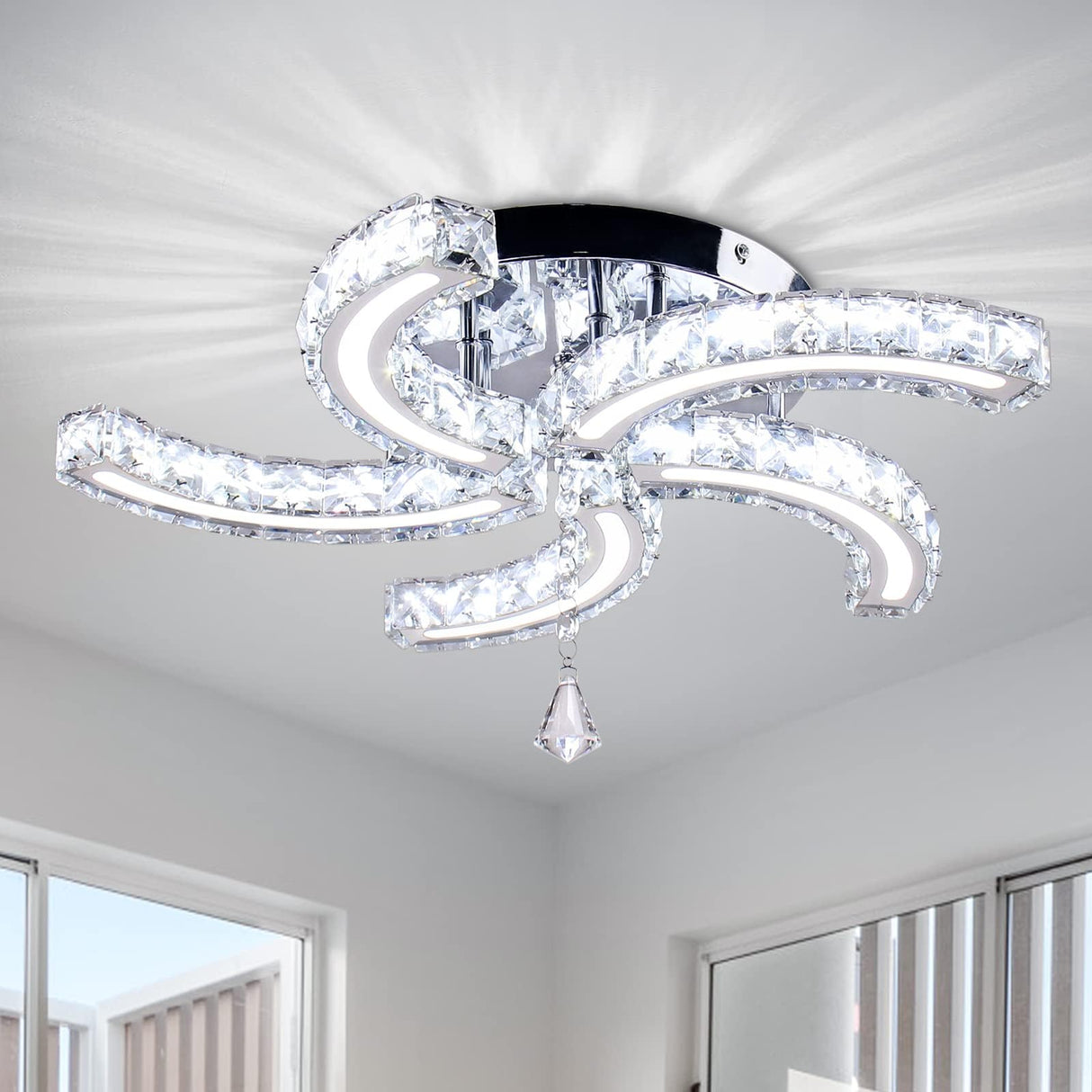 Cainjiazh Modern Crystal Chandeliers Acrylic Crystal Led Ceiling Light Fixtures Arm Pendant Lighting Stainless Steel Ceiling Lamp Hanging Lights for Living Room Dining Room Bedroom (Cold White) Cainjiazh