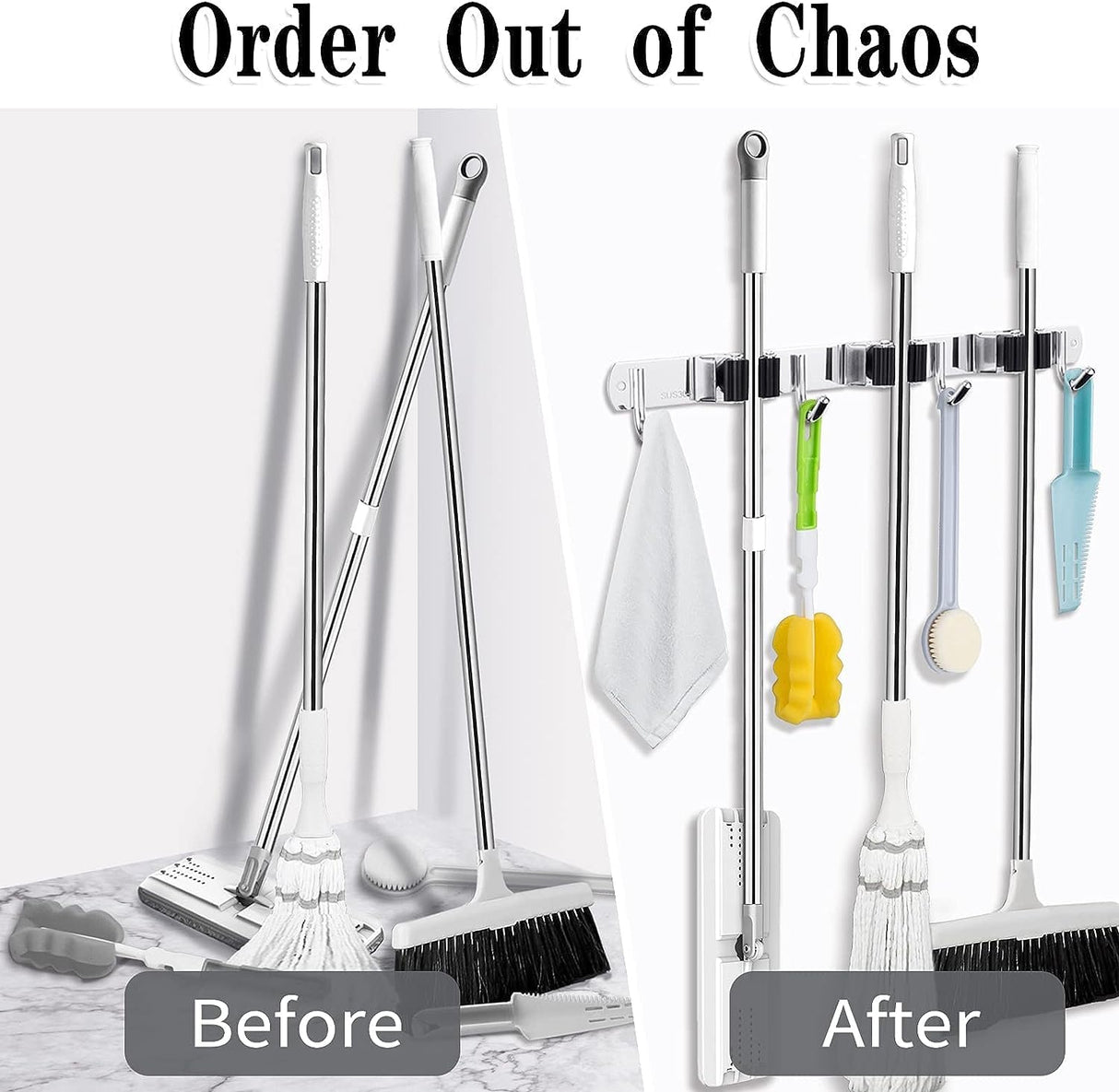 2 Pack 3 Racks and 4 Hooks Broom and Mop Holder Wall Mounted Garage Organizer Storage Tool Racks Stainless Steel Heavy Duty Hooks Self Adhesive Solid Non-slip Wall Hangers for Home Kitchen Garden AceMining