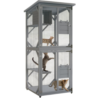 Catio, Outdoor Cat Enclosure with 3 Platforms, Outdoor Cat House with Fir Wood, Weatherproof Kitty Catio with Resting Box, 4 * 360° Wheels, Indoor Outdoor (3-Platforms)