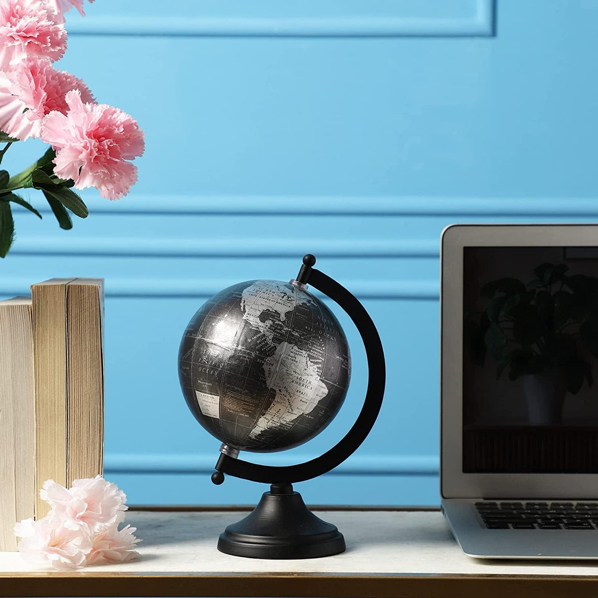 Rely+ 5" World Globe With Sturdy Metal Stand (NOT PLASTIC!) - Desktop Globe For Home Desk Table Office Decor - Book Shelf Decor Globe - 5 Inch - Metallic Black RELY+