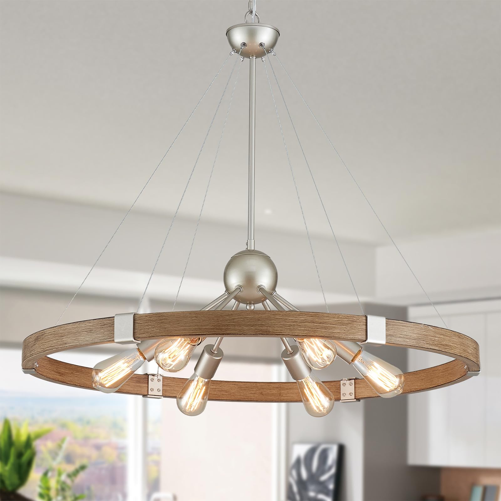 XINGQI Wagon Wheel Chandelier Modern Rustic Large Round 6-Lights Nickel & Wood Grain Finish Retro Ceiling Pendant Light Fixture for Dining Room Living Room - WoodArtSupply