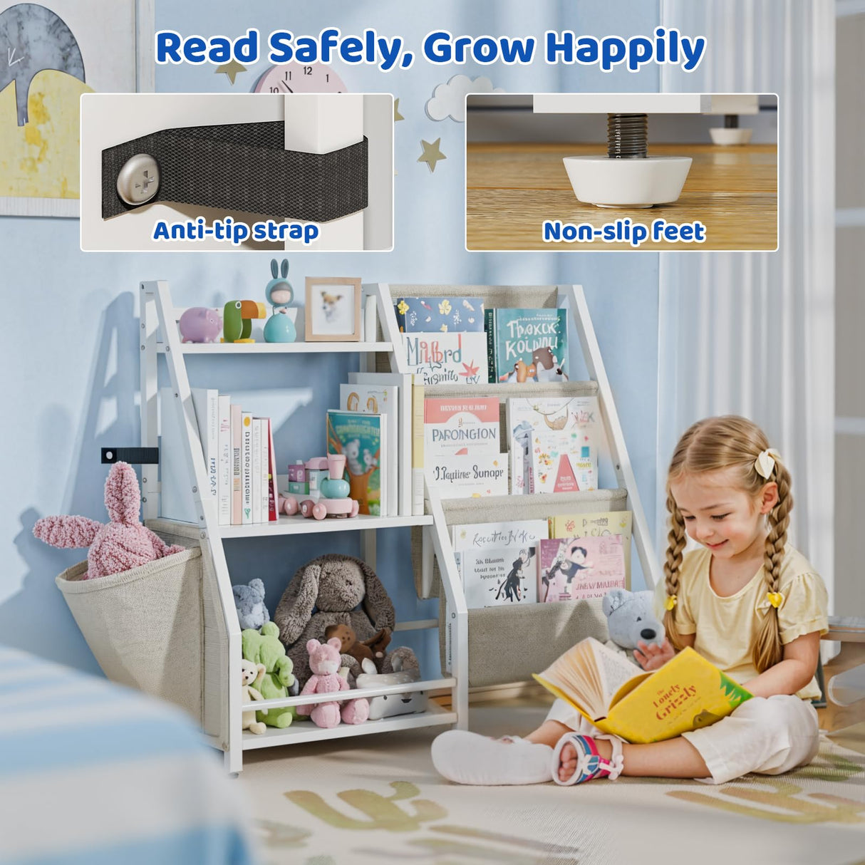 HAVLOTII Kids Bookshelf and Toy Organizer, 3 Tier Bookshelf for Kids, Montessori Bookcase Book Shelf Rooms, Bedroom, Playroom, Nursery, Toy Storage Organizer with Bookshelf (White) HAVLOTII