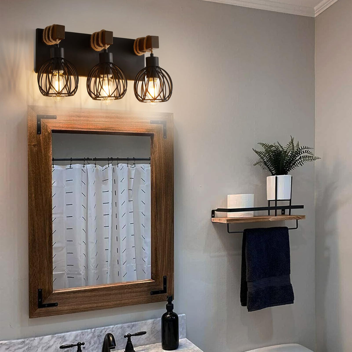 Farmhouse Bathroom Light fixtures, 3 Light Wood Bathroom Lights Over Mirror, Rustic Rattan Black Vanity Light with Globe Metal lampshade, Sconces Wall Lighting for Bathroom, Living Bedroom Hallway Zhizenl