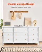 VEVOR 9 Drawer Dresser, Wooden Chest of Drawers with Sliding and Anti-tip Device, Retro Minimalist Dresser Chest, Closet Storage TV Stand Organizer for Living Room, Hallway, Bedroom, Entryway, White VEVOR