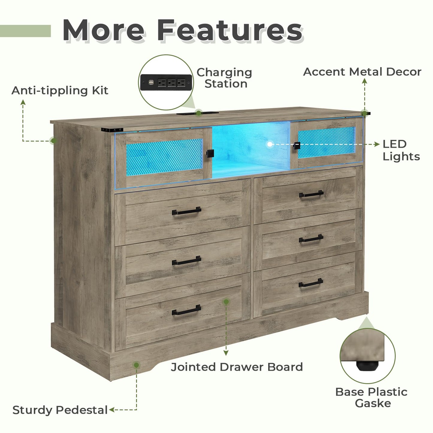 Hasuit 6 Drawers Dresser with LED Lights and Charging Station, Farmhouse Chest of Drawers Closet Organizer, Clothes Storage Cabinet Double Dressers for Bedroom, Living Room, Hallway, Rustic O - WoodArtSupply