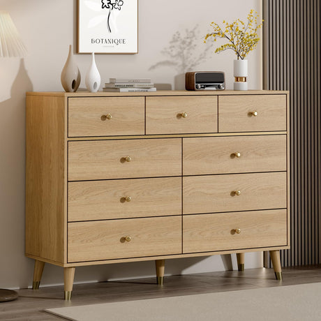 Chrangmay 9 Drawers Dresser for Bedroom,35.4" Tall Wood Rustic Modern Chest of Drawers with Natural Texture,with Anti-Tipping Device, Storage Dressers Organizer for Bedroom, Living Room,Yellow Chrangmay