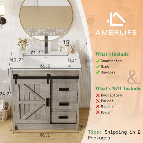 AMERLIFE Farmhouse Bathroom Vanity with Sink Combo, 31in Sliding Barn Door Bathroom Vanity Cabinet Set with Storage Drawers, Metal Handles, Small Single Bath Storage Vanity Sink, Light Grey AMERLIFE