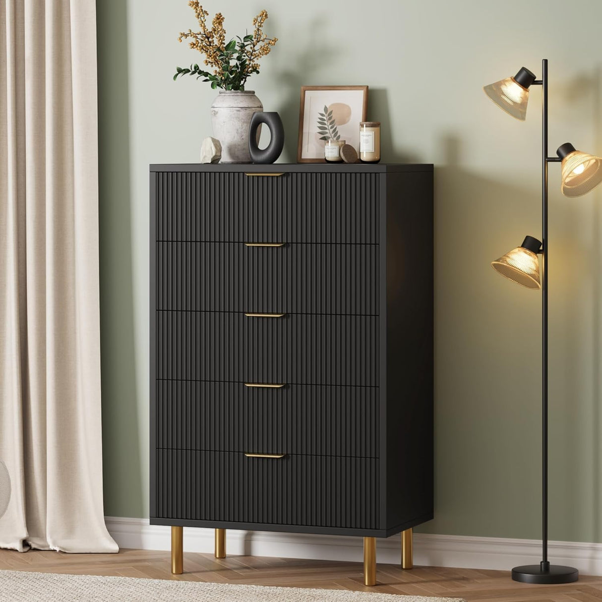 Garveehome Black Dresser, Modern 5 Drawer Dresser for Bedroom with Gold Handle and Large Drawer, Wood Double Chest of Drawers and Storage Organizer for Living Room, Hallway, Entryway Garveehome