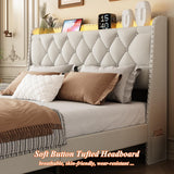 Queen Bed Frame with Storage Headboard and 2 Drawers, Upholstered Button Tufted Platform Bed Frame Queen Size with LED Lights, Charging Station, No Box Spring Needed, Noise Free, Easy Assembly, Beige TIGUBFRE