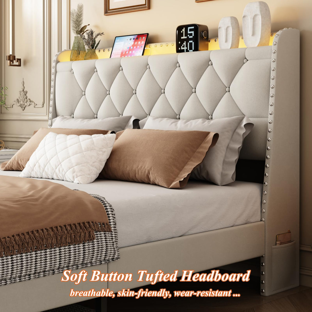 Full Size Bed Frame with Storage Headboard and 2 Drawers, Upholstered Button Tufted Bed Frames Full with Led Lights and Handy Charging Station, No Box Spring Needed, Easy Assembly, Noise Free, Beige TIGUBFRE