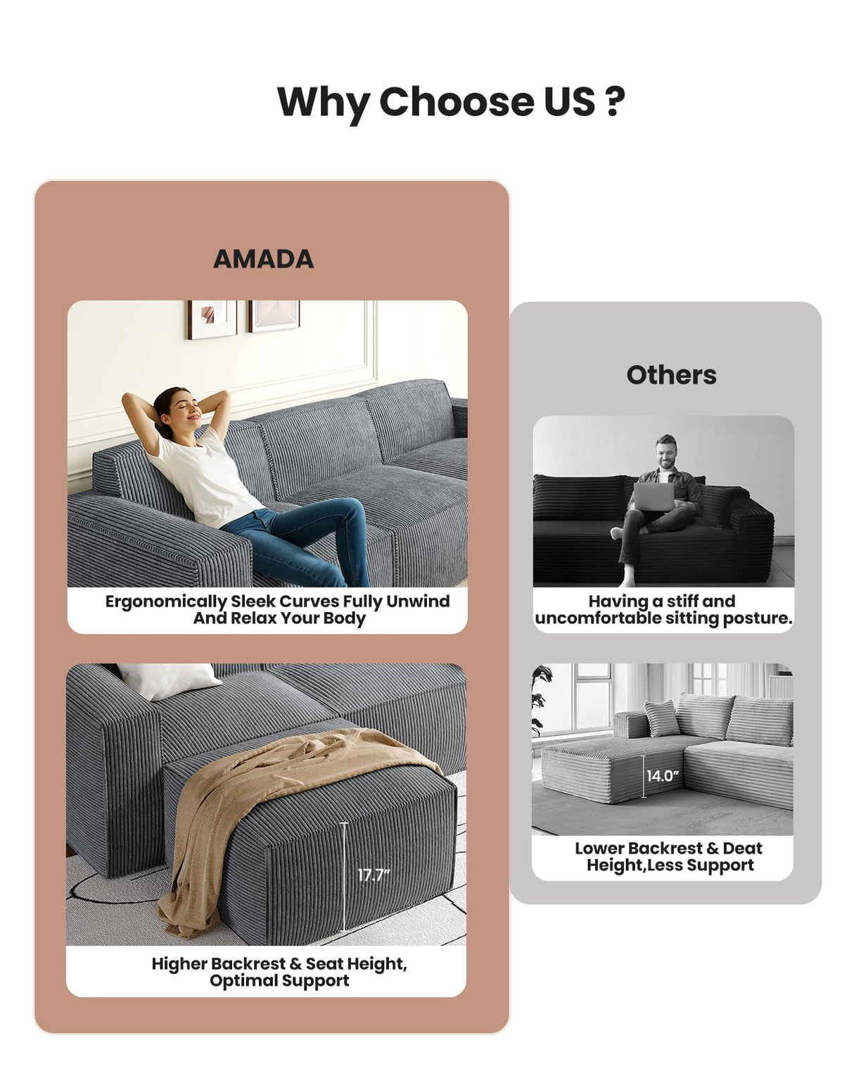 Amada 80" L Shaped Sofa Modular, Corduroy Clopud Couches with Deep Seats &High-Back, Upholstered Couches for Living Room Bedroom with Ottoman, No Assembly Required(2-Seater&1 Ottoman,Grey) AMADA HOMEFURNISHING