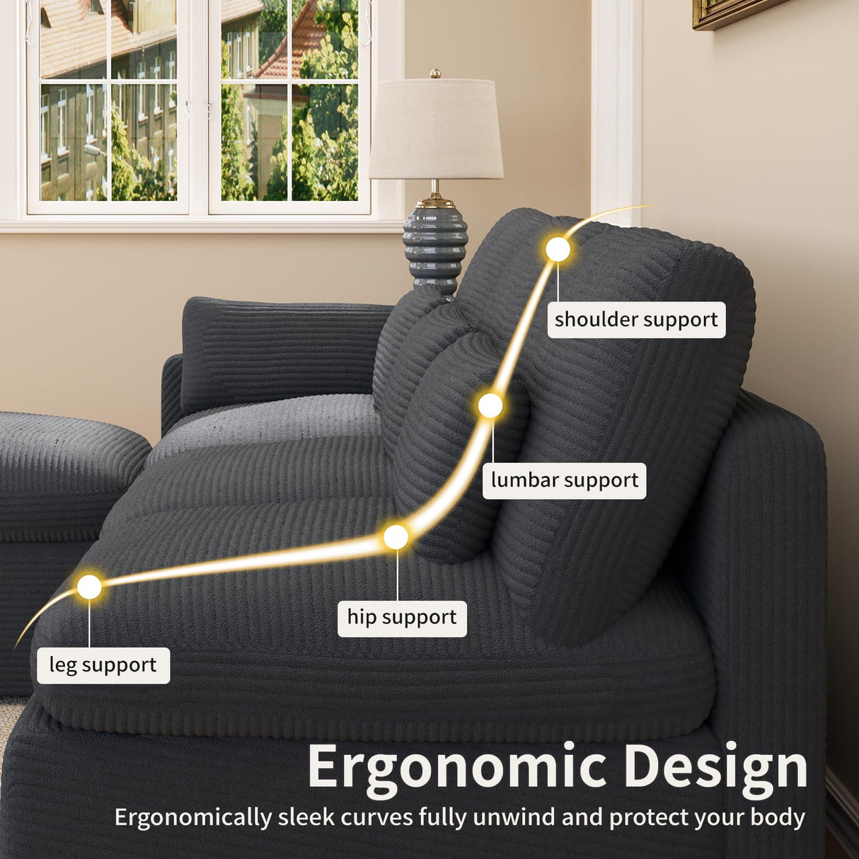 ISHUHL Cloud Modular Sectional Sofa, 124" Oversized Sectional Couches for Living Room, Convertible Deep Seat Sofa Set, Corduroy U Shaped Couch with 2 Ottoman (Dark Grey) ISHUHL