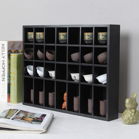 ARRAWIS Black Shot Glass Display Case 18" x13" Solid Wood Wall Mounted Collection Cabinet 28 Slots Small Curio Cabinet Rack (No Door) ARRAWIS