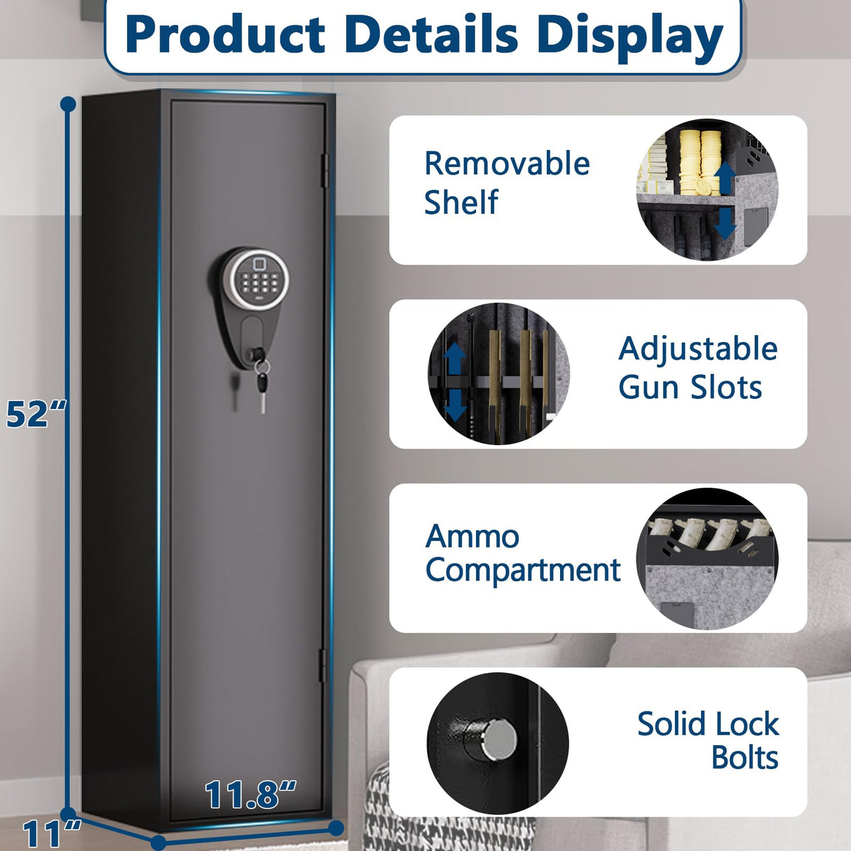 VRTCP 3-5 Gun Safe, Biometric Gun Safes for Home Rifle and Pistols, Quick Access Safes for Shotguns, Long Gun Safe with Adjustable Shelf and Gun Rack,Gun Cabinet with Mute Function and Alarm Mode VRTCP