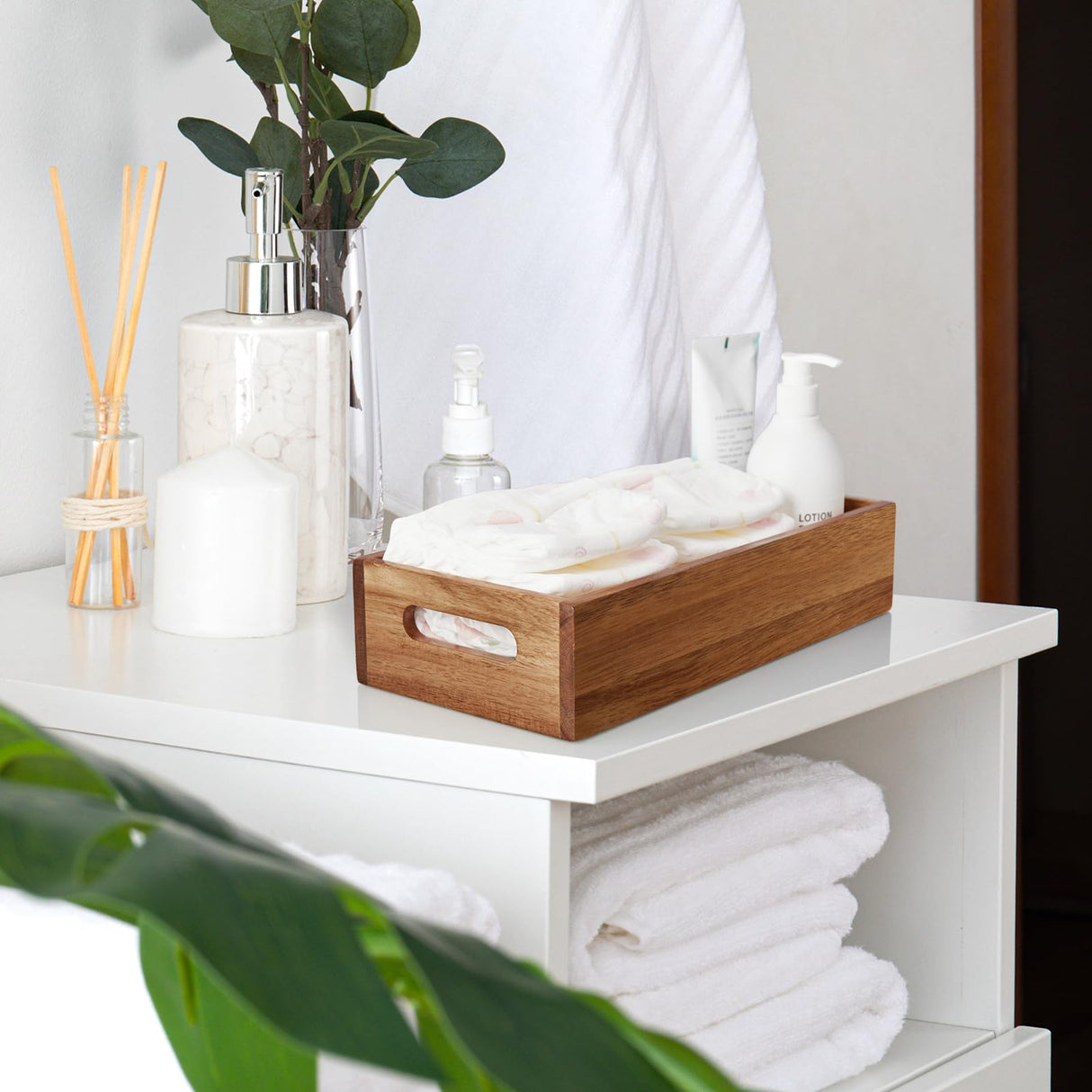 ALELION Acacia Wood Bathroom Storage Basket for Organizing - Toilet Paper Basket with Handle for Back of Toilet Tank Top Topper - Small Narrow Baskets for Kitchen Pantry Garage Laundry Room Storage ALELION