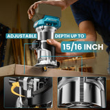 Cordless Compact Router for Makita 18V Battery (Bare Tool), 6 Variable Speeds Router Tool for Woodworking, 800W 30,000 RPM Fixed Base Wood Router with Trim Router Bits, Edge & Roller Guide, Dust Hood MtiolHig
