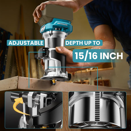 Cordless Compact Router for Makita 18V Battery (Bare Tool), 6 Variable Speeds Router Tool for Woodworking, 800W 30,000 RPM Fixed Base Wood Router with Trim Router Bits, Edge & Roller Guide, Dust Hood MtiolHig