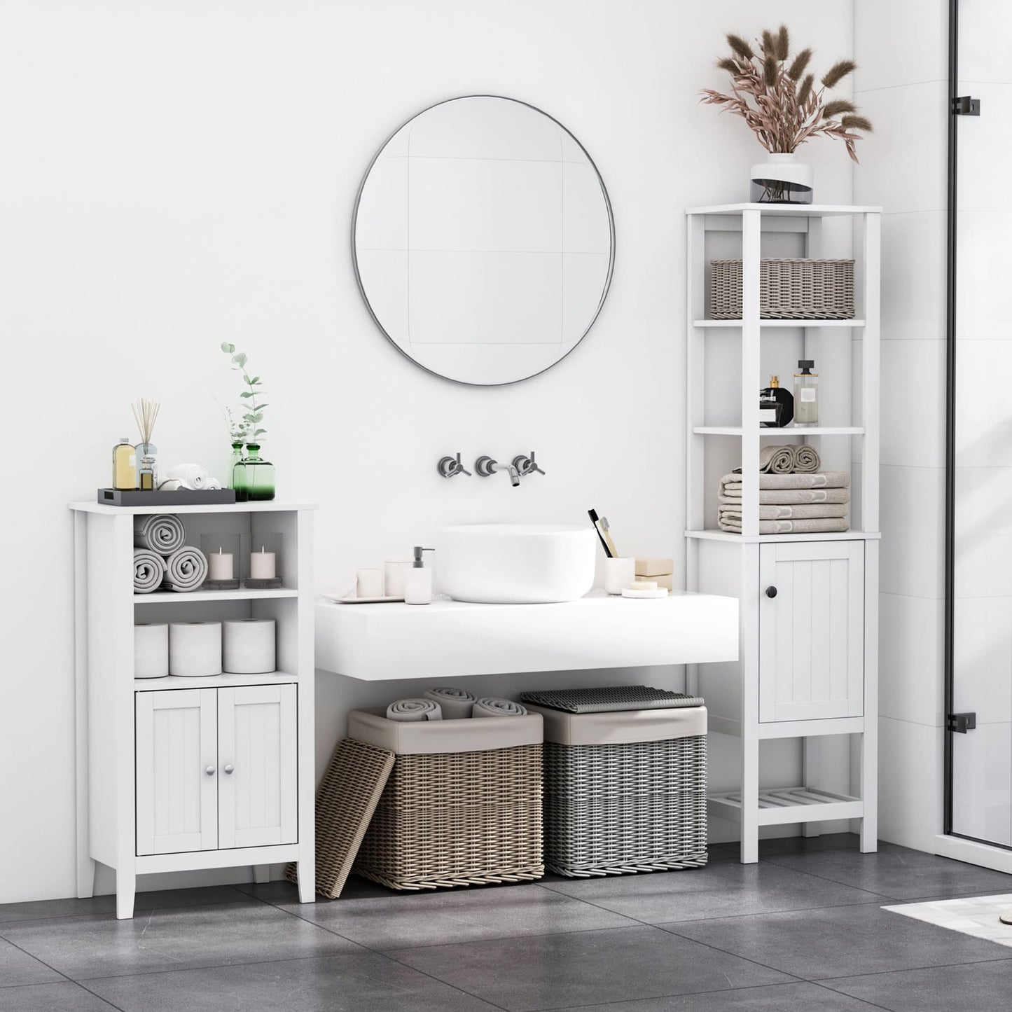 HOMCOM White Freestanding Tall Bathroom Storage Cabinet with Shelves - WoodArtSupply