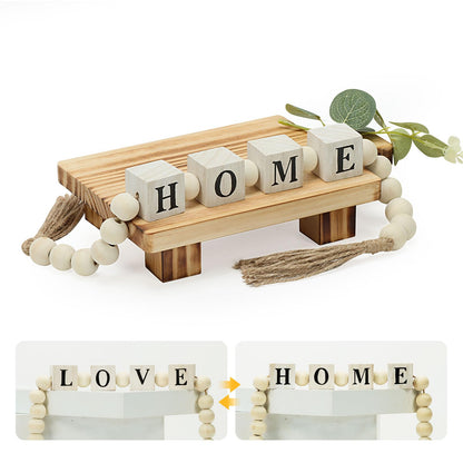 2 Packs Farmhouse Wooden Beads with Small Wooden Tray Home & Love Block Sign Home Decor Beads with Tassel Modern Wood Risers for Decor Wood Pedestal Stand for Bottles Candles Table Shelf Living Room