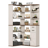 UPOSOJA 7-Shelf Farmhouse Corner Bookshelf with Lockers & Drawers, 71" L-Shaped Large Storage Shelf Display Rack for Bedroom, Living Room, Home Office (White Brown) UPOSOJA