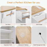 ONBRILL Mobile Kitchen Island with Drop Leaf, 60" Wide Home Carts with Spice Rack & Towel Rack, Drawers & Knife Holder, Rolling Kitchen Island Table with Power Outlet & Trash Can Storage Cabinet ONBRILL