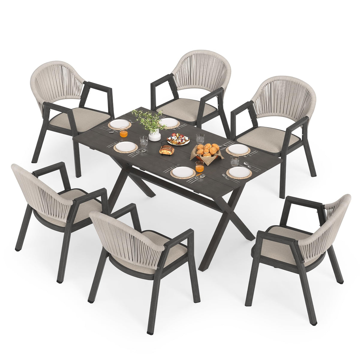 Cozyman Outdoor Dining Set 7-Piece, 59 Inch Patio Furniture Set with PE Wicker Chairs, All-Weather Resistant Aluminum Table for 7, Beige Almond Cozyman