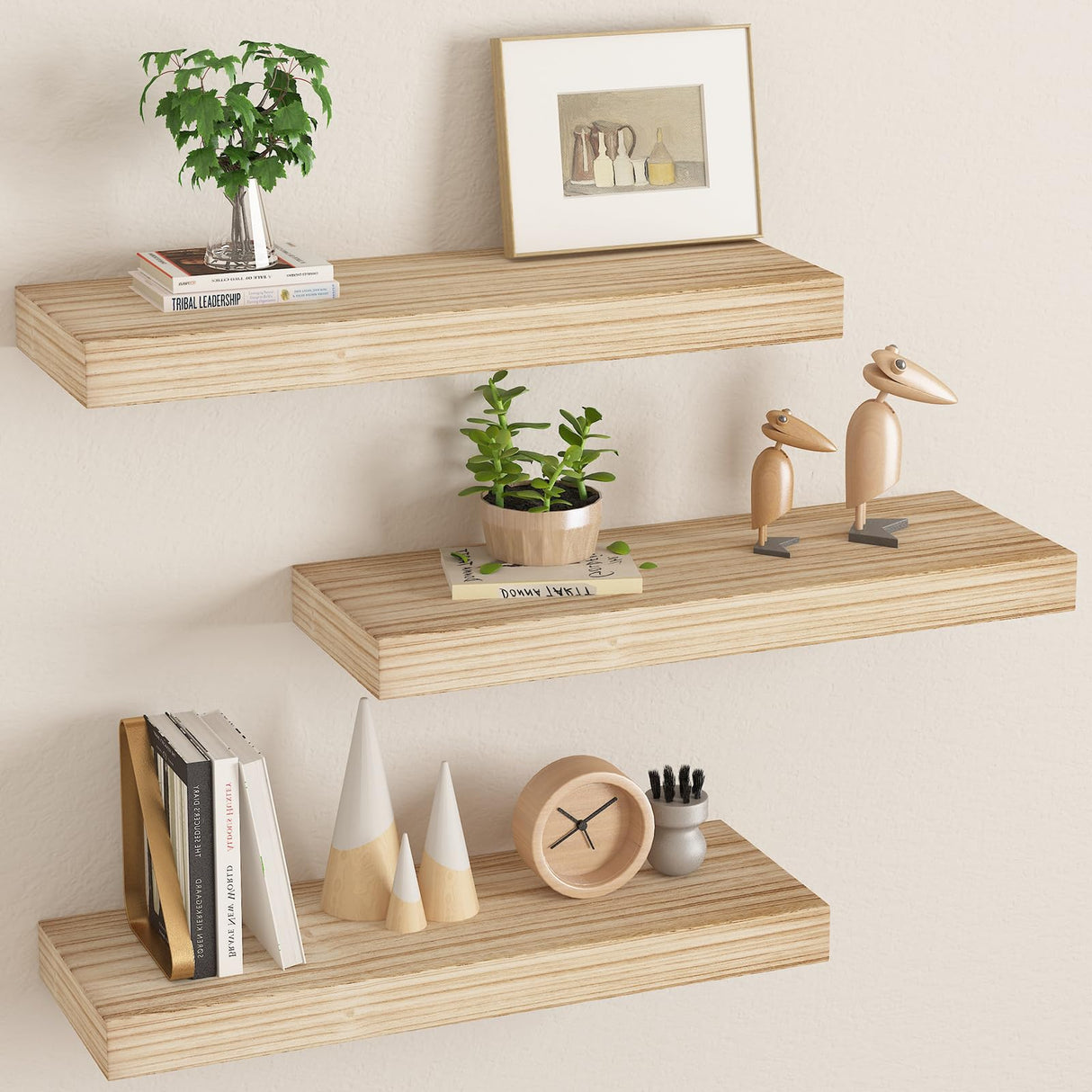 BOFIRE Wall Shelves, Floating Shelves for Wall, Wall Mounted Wood Shelves for Bedroom Laundry Living Room, Solid Wood Display Shelves Decor (Wooden, 17 Inch) BOFIRE