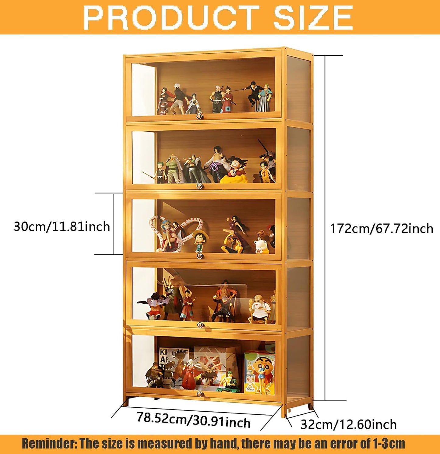 idhhco 5-Tier Display Cabinet with Acrylic Doors, 67” Transparent Bamboo Curio Display Case for Figures, Display Shelves for Collectibles & Kids Bookcase for Home, Office, Playroom, Living Room