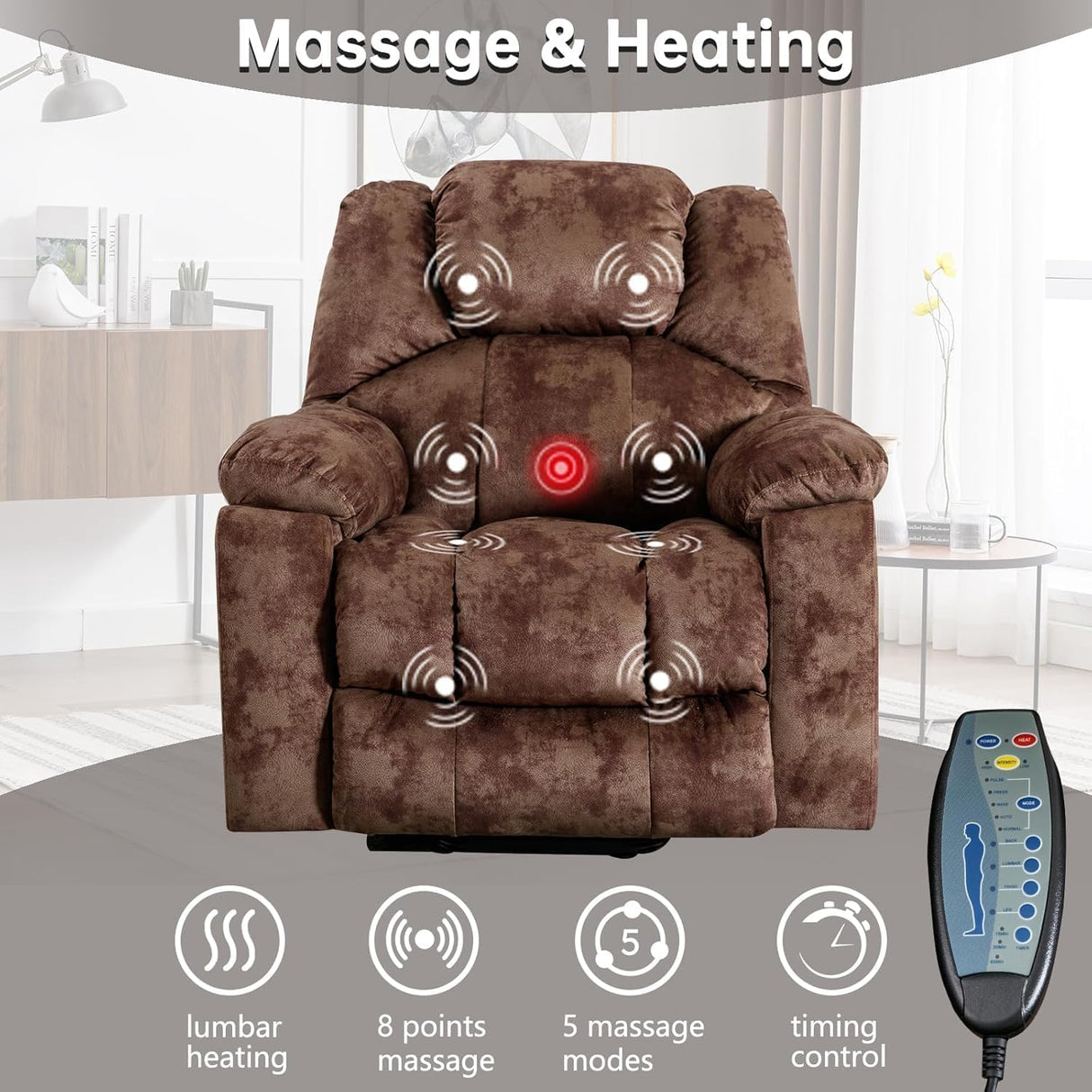 CANMOV Large Power Lift Recliner with Massage and Heat for Elderly, Heavy Duty Lift Recliner for Seniors with USB Port, 2 Hidden Cup Holders (Camel Brown) CANMOV