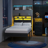 Furnulem Twin Bed Frames with Charging Station and LED Lights, Wood Headboard with 2 Fabric Drawers and Storage Shelves, Twin Size Platform Bed with Metal Slats, No Box Spring Needed, Black Oak Furnulem