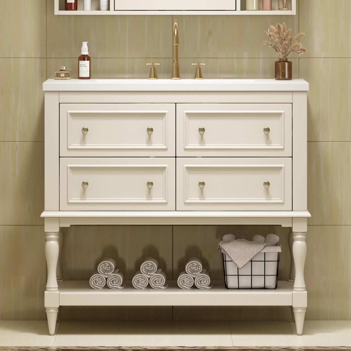 Merax Country 36" Bathroom Vanity with Sink, Farmhouse Bathroom Vanity Storage Cabinet with 4 Drawers and Open Shelf, Solid Wood Frame Bath Storage Vanity Merax
