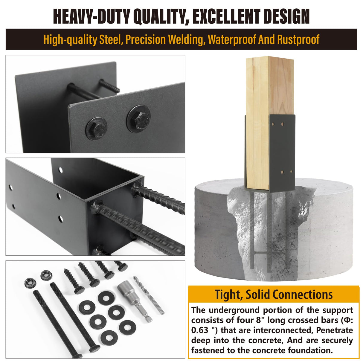 WOWACE 4"x4"(Actual 3.5"x3.5") Wet Concrete Foundation U-Shape Post Base Holder, for Fence, Deck, Gazebo and Other Post-Like Structure Pole Construction Ground Post Bracket Base (8pack-Dark Gray) WOWACE