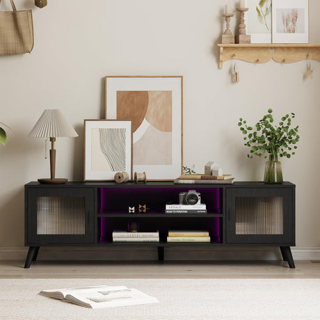 GinguoHome Modern LED TV Stand for 57 Inch TV, Black Entertainment Center with 2 Glass Doors and LED Lights, Power Strip, Glass TV Console Table for Living Room Bedroom Black GinguoHome