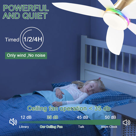 JSAITEE Ceiling fan with light, 48" RGB Low Profile Ceiling fans with Lights and Remote Control, Dimmable, DC Reversible Motor, Noiseless, 6 Speeds Flush Mount White Ceiling Fan for Bedroom JSAITEE